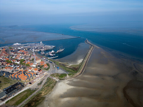 Aerial View of West-Terschelling during sunset, the Netherlands