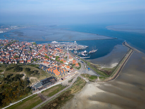 Aerial View of West-Terschelling during sunset, the Netherlands
