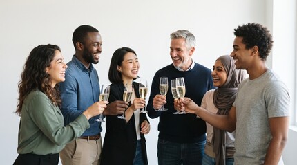 Obraz premium Diverse group of coworkers celebrating with champagne, toasting success together