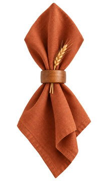 Orange linen napkin with wooden napkin ring and wheat ear on transparent background. Rustic table setting decoration for thanksgiving dinner and autumn holiday table decor concept.