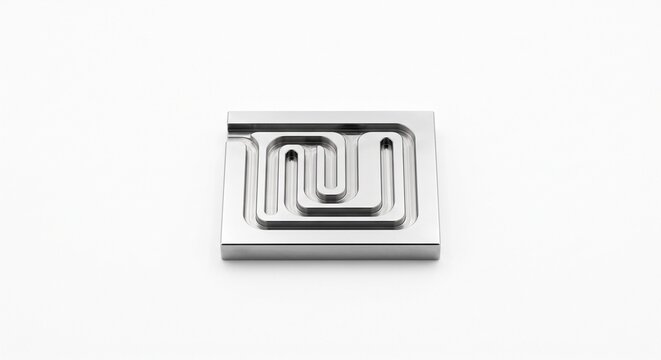 Pharmaceutical freeze dryer thermal shelf fluid channel. Micro-machined 316L stainless steel plate with internal serpentine routing. Lyophilization hardware for sterile processing.