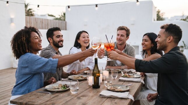 Diverse young adults celebrating with drinks and food at an outdoor dinner party