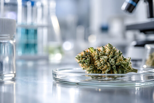 Medicinal cannabis flower in a sterile laboratory dish with detailed trichomes, framed as a premium pharmaceutical quality-control and botanical research concept.
