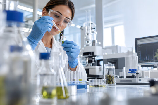 Scientist analyzing medicinal cannabis extract in a modern pharmaceutical laboratory, highlighting drug development, cannabinoid research and precision analytical testing.

