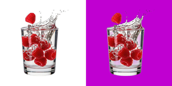 Fresh red raspberries falling into a clear glass of water creating a refreshing splash transparent png