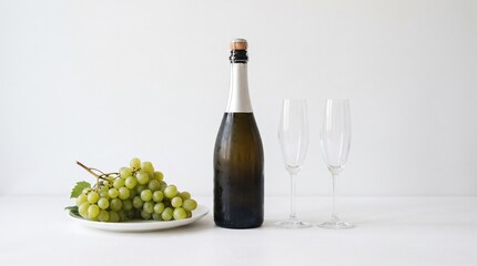 Obraz premium Champagne bottle with grapes and flutes on a white table, ready for celebration