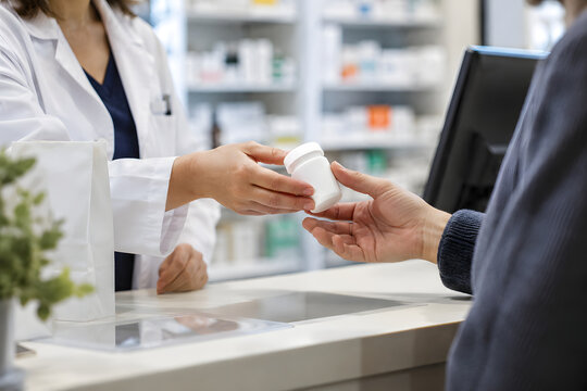 Pharmacist handing a prescription medicine bottle to an adult patient across a pharmacy counter, highlighting professional healthcare service, medication dispensing and patient care.
