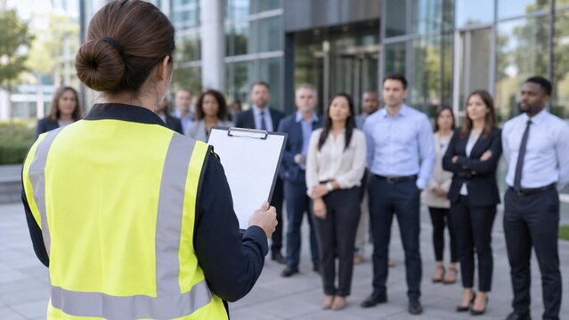  Female safety warden in a high-visibility vest holding a clipboard, addressing a diverse group of corporate employees during an outdoor workplace fire drill.