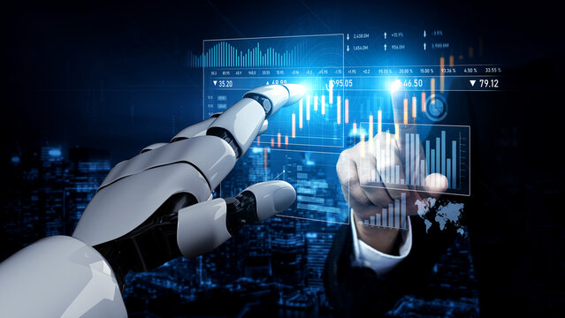 A futuristic robot hand reaches toward a glowing digital financial data chart, illustrating technology and innovation in the modern office against a vibrant city backdrop. Scalp