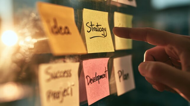 Business strategy planning on sticky notes with finger pointing at ideas and development on glass board