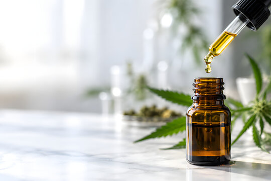 Medical cannabis oil dropper dispensing amber oil into an unbranded dark glass medicine bottle, clean clinical setting with botanical background and copy space.
