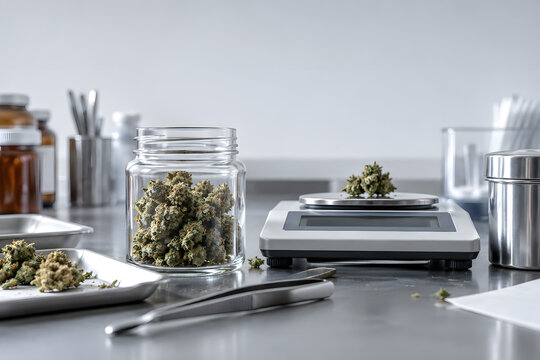 Pharmaceutical cannabis flowers precisely measured on a laboratory scale beside a sterile glass container and stainless-steel tools in a clean clinical preparation setting.
