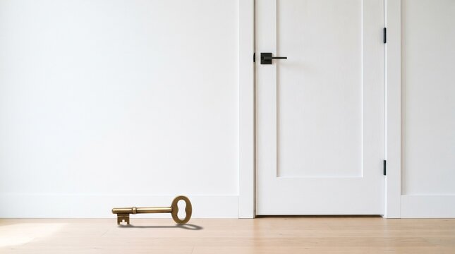 Antique brass key rests on a light wood floor near a white interior door