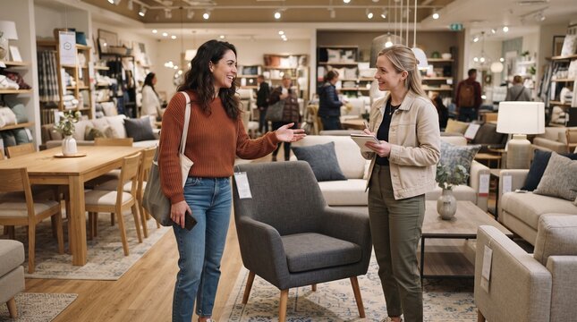 Customer discusses furniture options with sales associate in a modern home goods store