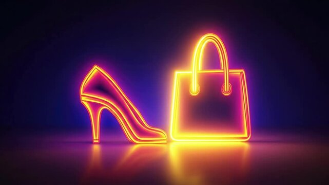Neon high heel and handbag glowing against dark background