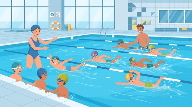 Childrens swimming lesson with instructors in indoor pool learning to swim and practice strokes