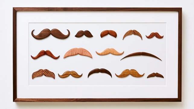 Twelve carved wooden mustaches are arranged on a white background in a frame