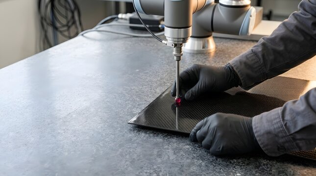 Technician calibrating coordinate measuring machine touch probe on flat surface in laboratory