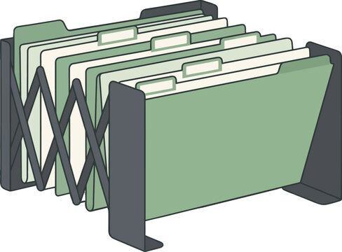 Expanding file organizer with several light green folders and white tabs is illustrated with clean lines and a simple color palette, ideal for office supply graphics.