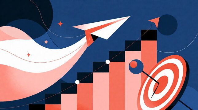 Paper plane flying over rising business growth chart with target and arrow illustration