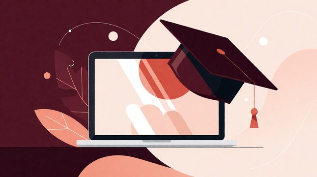 Online education concept with laptop and graduation cap for e-learning and digital degree.