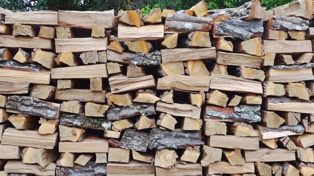 Stacked firewood logs arranged in a rustic woodpile