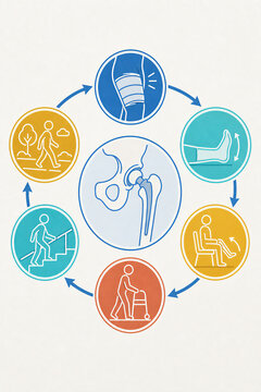 Circular infographic showing hip replacement rehabilitation cycle from surgery to recovery. Step by step physiotherapy and mobility training after joint