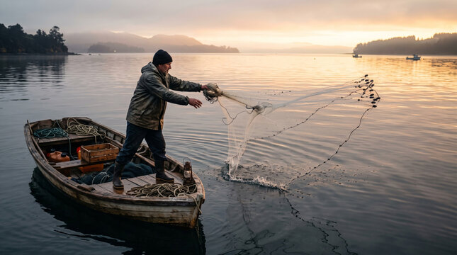 Fisherman casting net from boat at sunrise over calm water