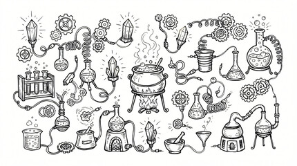 Fototapeta premium Seamless Pattern Halloween Technical Doodle Art Detailed Line Drawing Spooky Jack Lantern Pumpkin Microchip Bat Electrical Wire Cobweb Potion Bottle Circuit Track Clean Contour Plain White