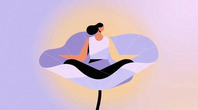 Woman meditating in lotus pose on a stylized flower, zen wellness and mindfulness concept
