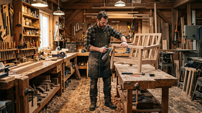Carpenter working on a wooden chair in a rustic workshop with tools and wood