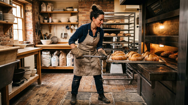 Baker removing fresh bread from a rustic oven in a traditional bakery