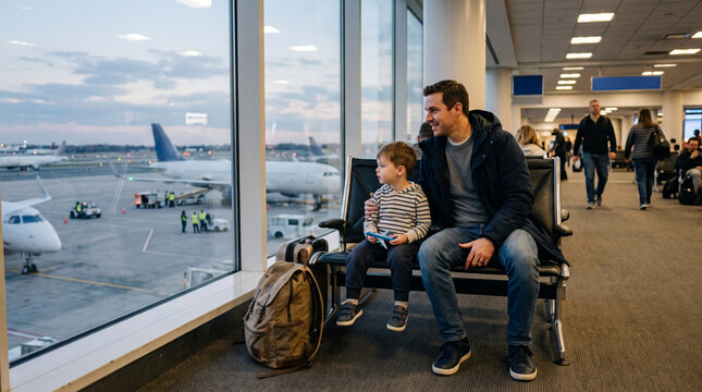 Father and son wait at airport gate looking at planes outside window
