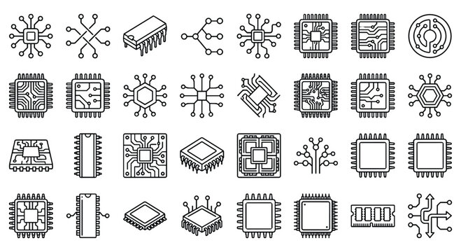 A collection of linear vector icons representing computer processors, microchips, and electronic circuit components.