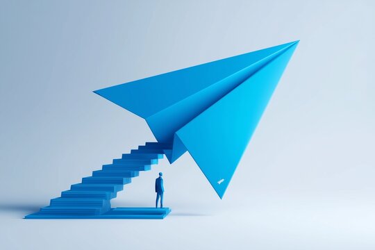 Isometric view of a glossy blue paper plane taking off with one small figure beside it, launch and freedom concept, 3D illustration