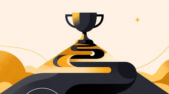 Golden trophy cup on a winding road path, concept of business success and achievement.
