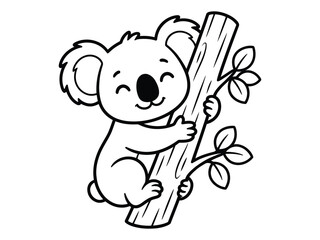Fototapeta premium Cute cartoon koala bear hanging on a tree branch black and white line art coloring page illustration