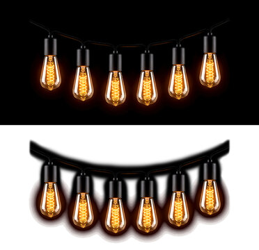 Set of glowing Edison style string lights with incandescent bulbs isolated on transparent background transparent background