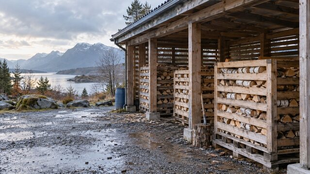 Stacked Firewood Under Wooden Shed