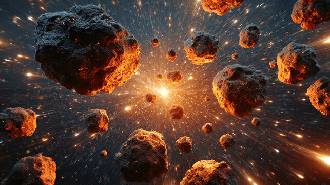 Asteroids flying outwards from a central cosmic explosion. Dynamic space rocks moving at warp speed with bright light rays. Sci-fi background