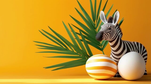 Zebra with striped egg and palm leaf on vibrant yellow background. Easter, Pascha, Paskha, Ostern, Pascua, Paques - Orthodox and Catholic Holiday celebration