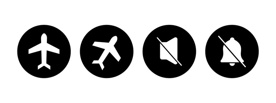 Set of black and white round icons for airplane mode and silent notification settings