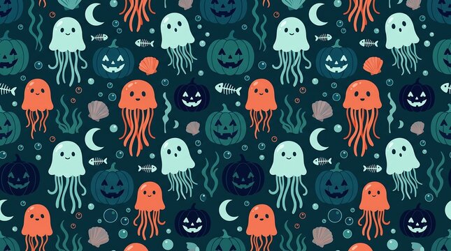 Seamless pattern with cute jellyfish, jack-o-lantern pumpkins, fish bones, and shells on dark teal d
