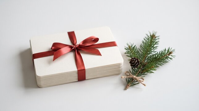 Stack of festive cards tied with a red ribbon and pine sprig with cone