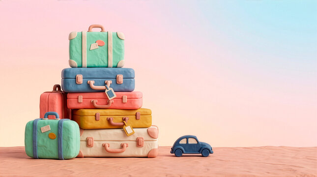 A stack of colorful suitcases and a small car against a soft, gradient sky, suggesting a journey or vacation