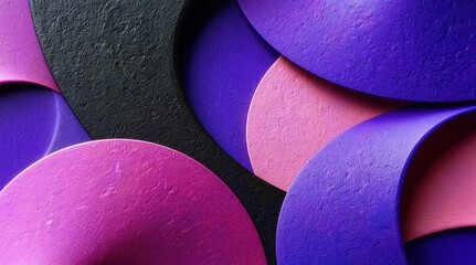 Abstract background of overlapping circular layers with rough texture. Modern geometric pattern in purple and pink. Textured paper style backdrop