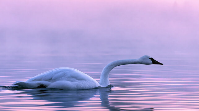 Swan gliding on calm water at dawn