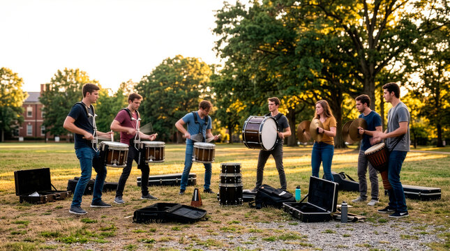 A group of young adults are gathered outdoors, playing drums in a lively band. They are surrounded by musical instruments and cases, with trees and a building in the background
