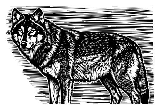 Wolf wild animal woodcut illustration, vintage woodland predator engraving, gray wolf nature vector art