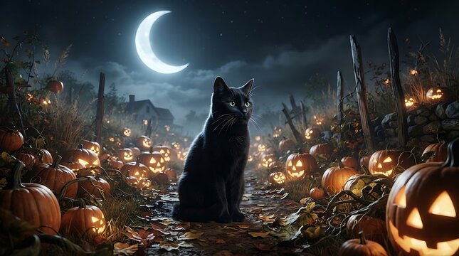 A black cat sitting in a spooky pumpkin patch at night under a glowing crescent moon